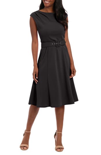 London Times Pleated Boat Neck Fit & Flare Dress In Black