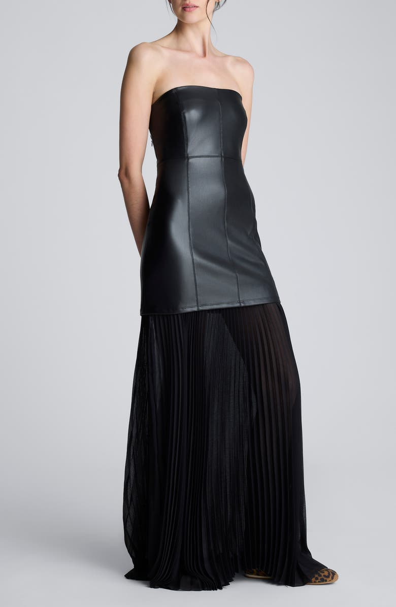 Kenneth Cole Strapless Pleated Skirt Mixed Media Maxi Dress, Main, color, Black