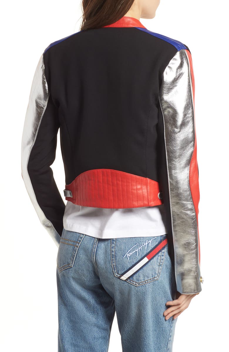 TOMMY JEANS x Gigi Hadid Colorblock Leather Moto Jacket, Alternate, color,