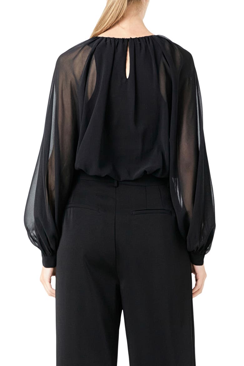 Sheer Sleeve Blouson Bodysuit, Alternate, color, BLACK