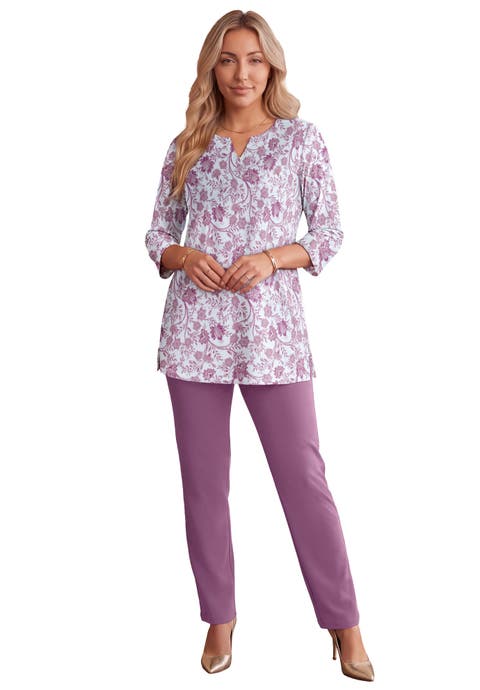 Plus Size Three Quarter Sleeve Notch Neck Soft Knit Tunic