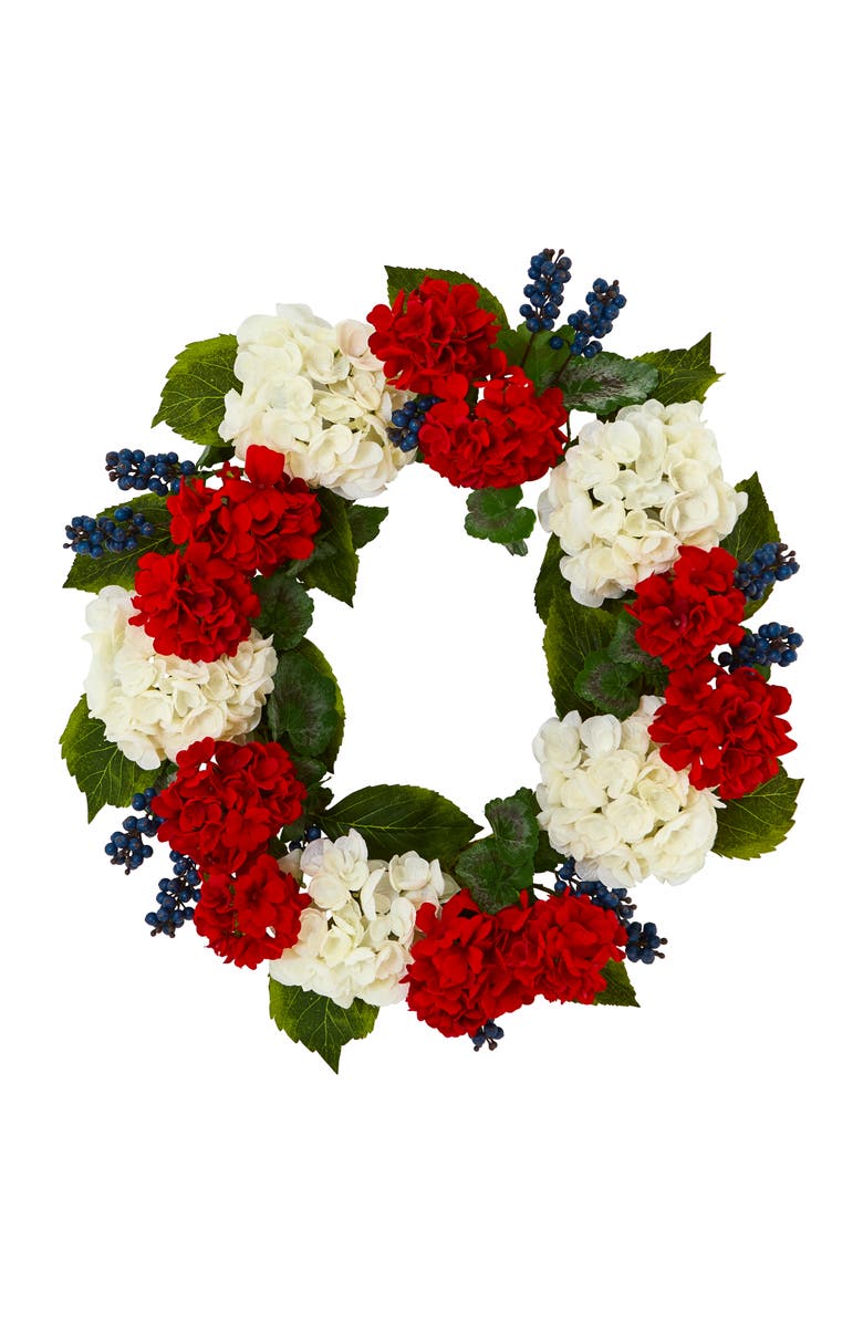 NEARLY NATURAL 21-in Geranium and Blueberry Artificial Wreath, Main, color, Multicolor