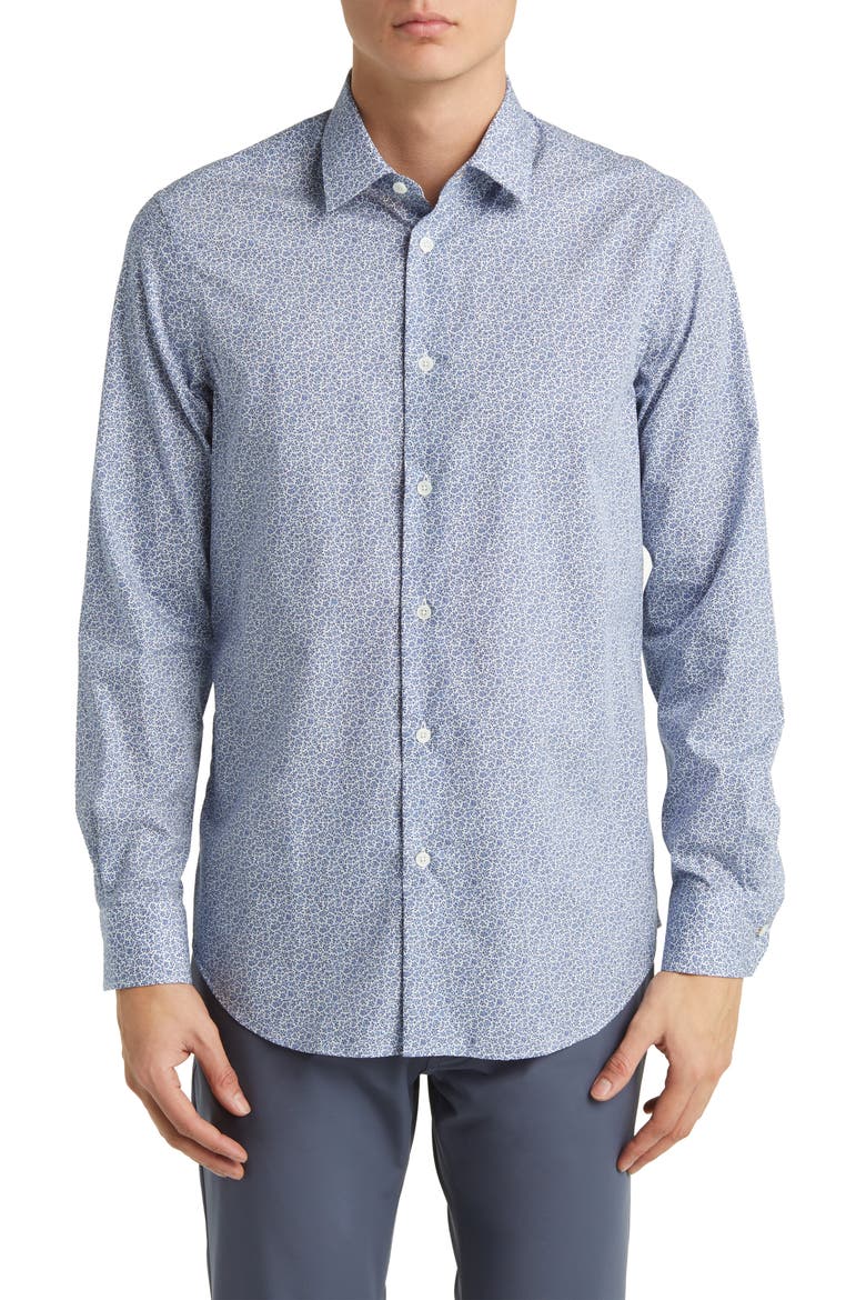 Tailored Fit Floral Cotton Dress Shirt, Main, color, GREEN-BLUE