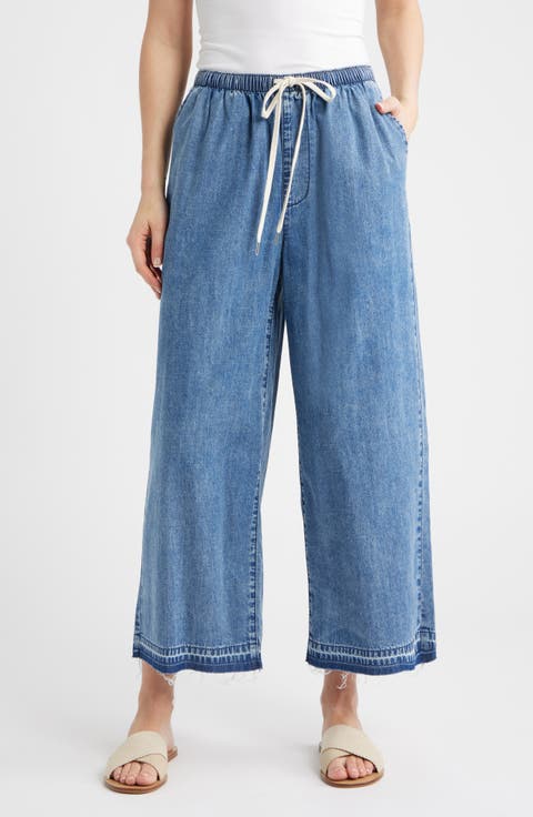 Drawstring Raw Hem Wide Leg Pants