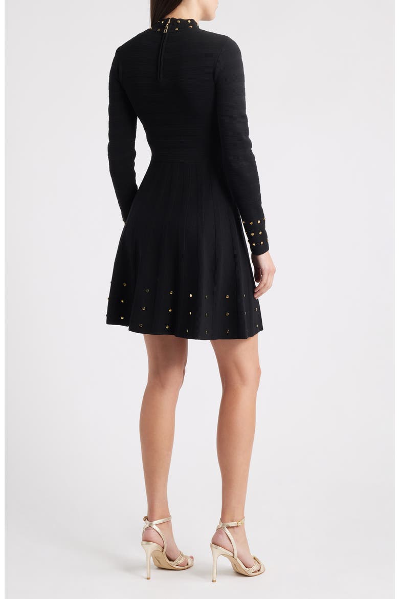 Metallic Rivet Detail Long Sleeve Fit & Flare Ottoman Knit Dress, Alternate, color, BLACK
