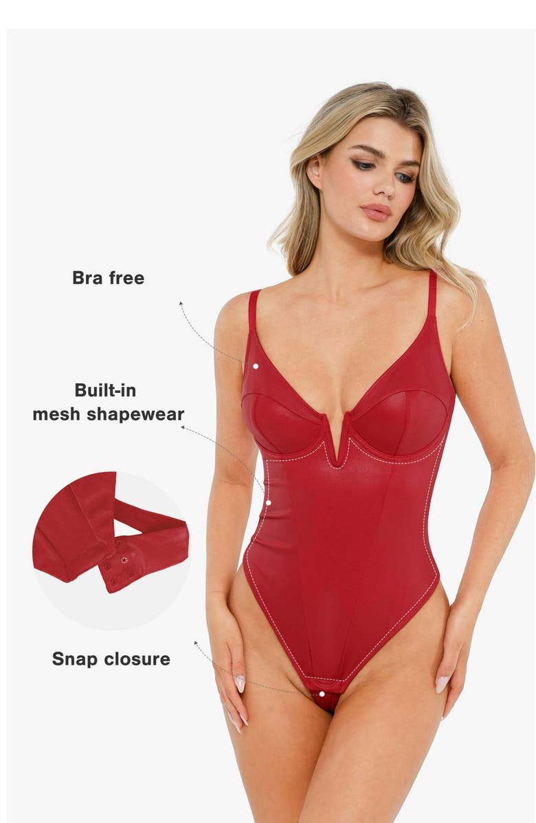 Popilush Shapewear Faux Leather Plunging V Sculpting Corset Bodysuit, Alternate, color, Brick