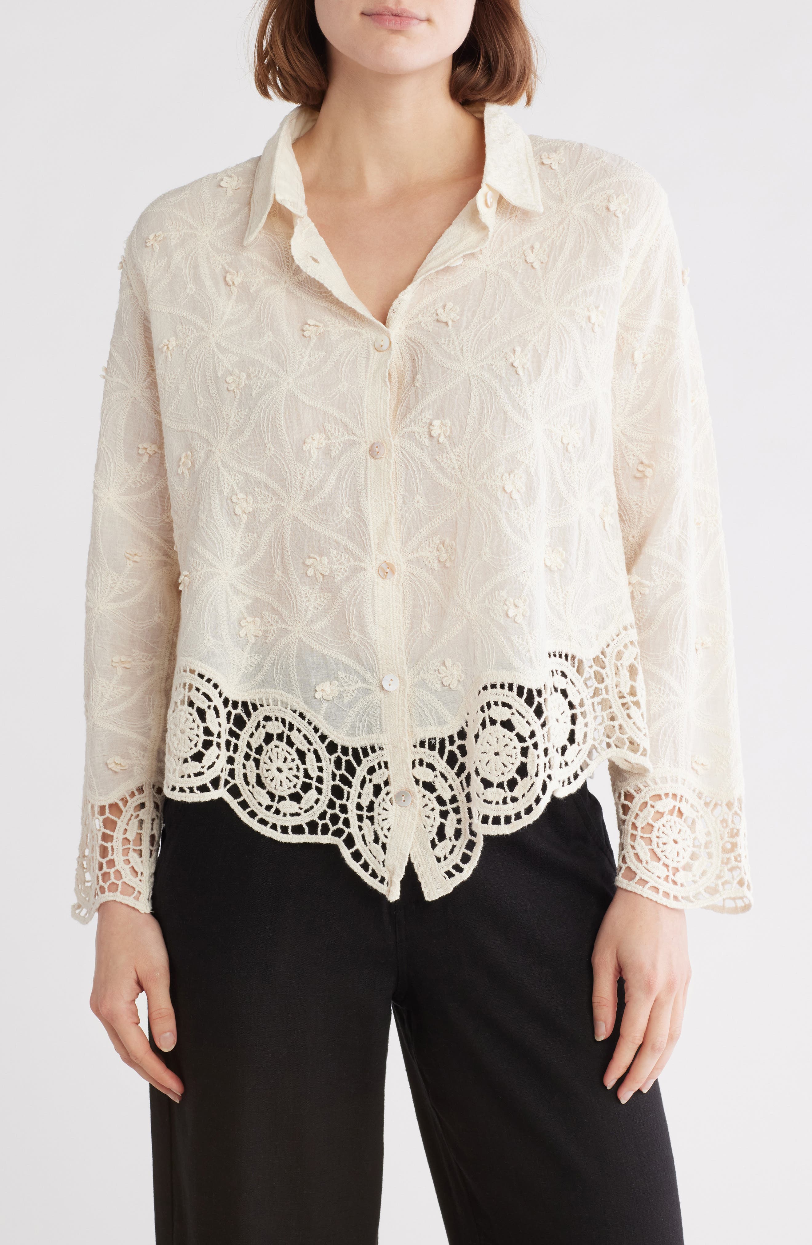 Forgotten Grace Floral Embroidered Cotton Button-Up Shirt