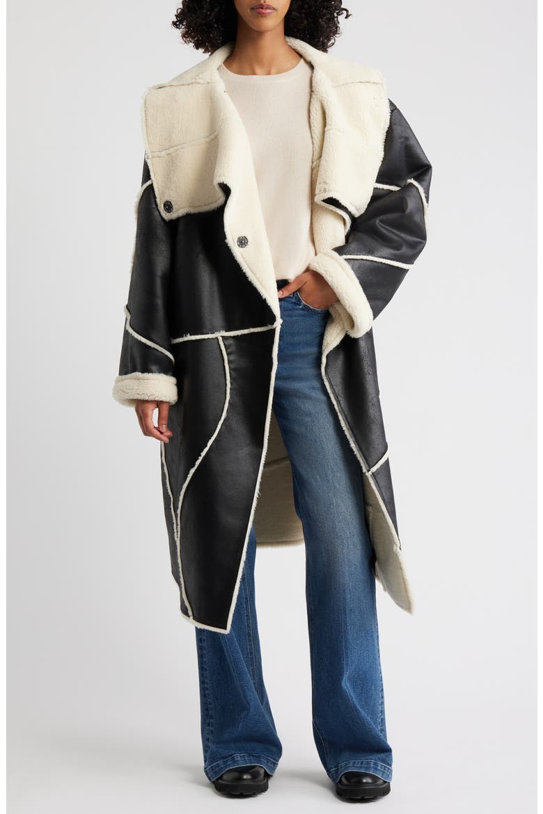 Emberlynn Oversize Faux Leather & LuxeFluff Long Coat, Alternate, color, BLACK