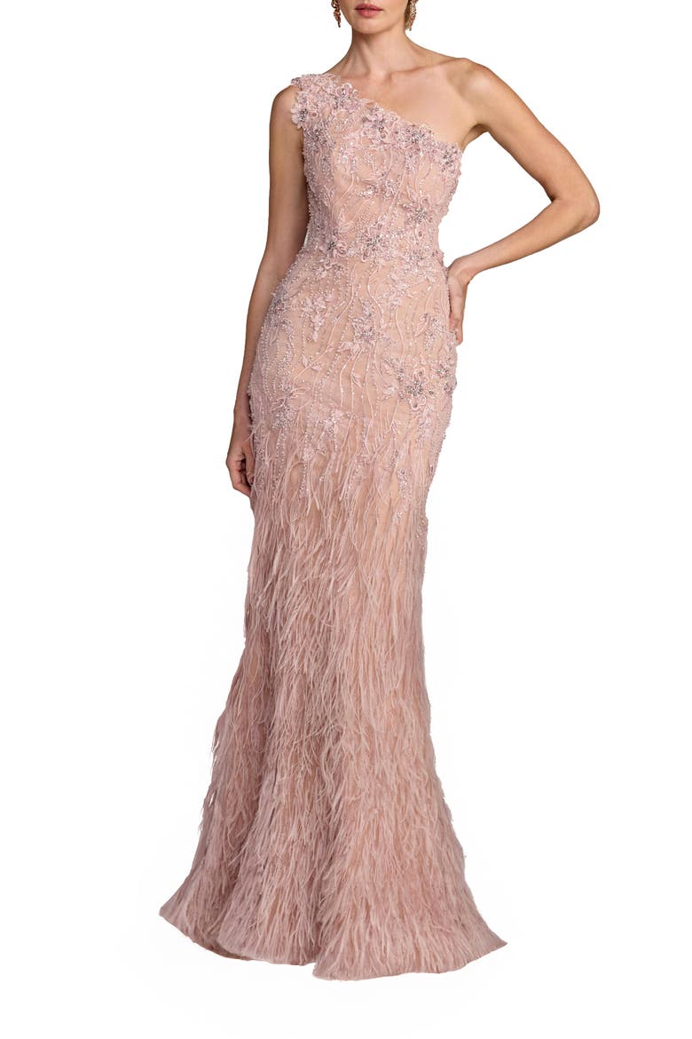 Embellished Lace One Shoulder Feather Gown, Main, color, Vintage Lilac