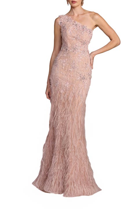 Embellished Lace One Shoulder Feather Gown