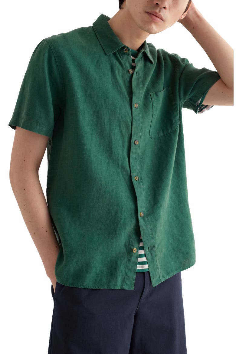 Carne Short Sleeve Linen Button-Up Shirt, Main, color, RUSCUS LEAF