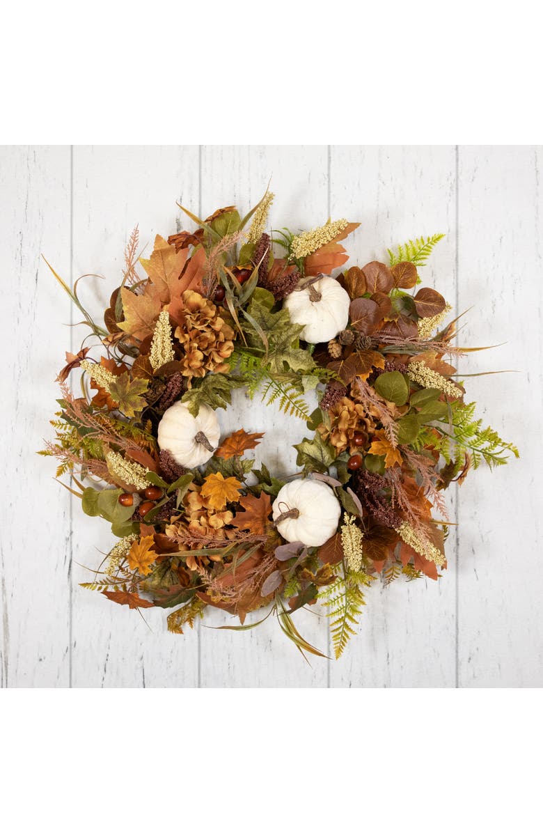 Northlight Velvet Pumpkins, Acorns and Mixed Autumn Foliage Artificial Fall Harvest Wreath - 26", Alternate, color, Green