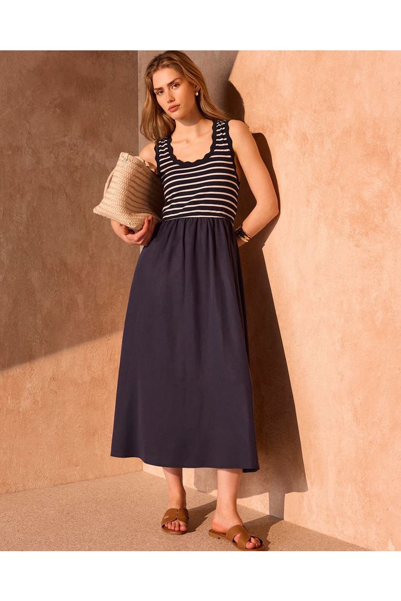 Striped Scallop Trim Midi Dress, Alternate, color, Navy