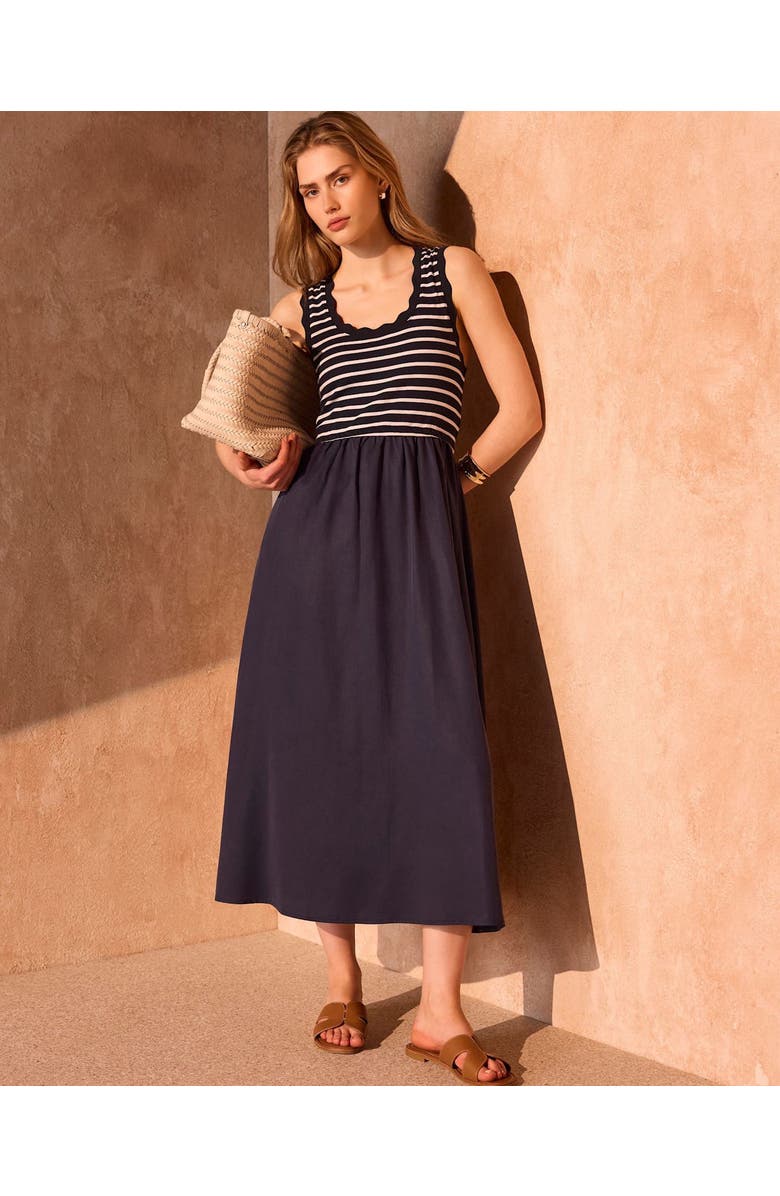 MINT VELVET Striped Scallop Trim Midi Dress, Alternate, color, Navy