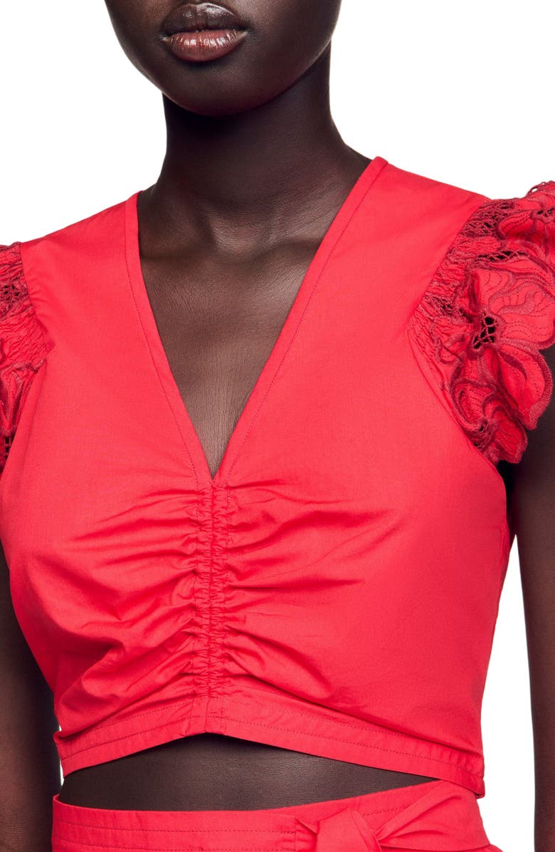 SANDRO Crop top with embroidered sleeves, Alternate, color, 