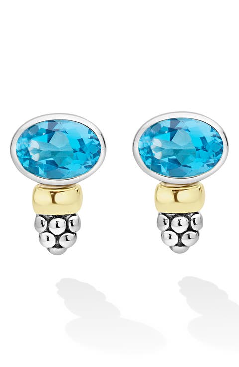 Signature Caviar 14k Gold and Sterling Silver Blue Topaz Stud Earrings
