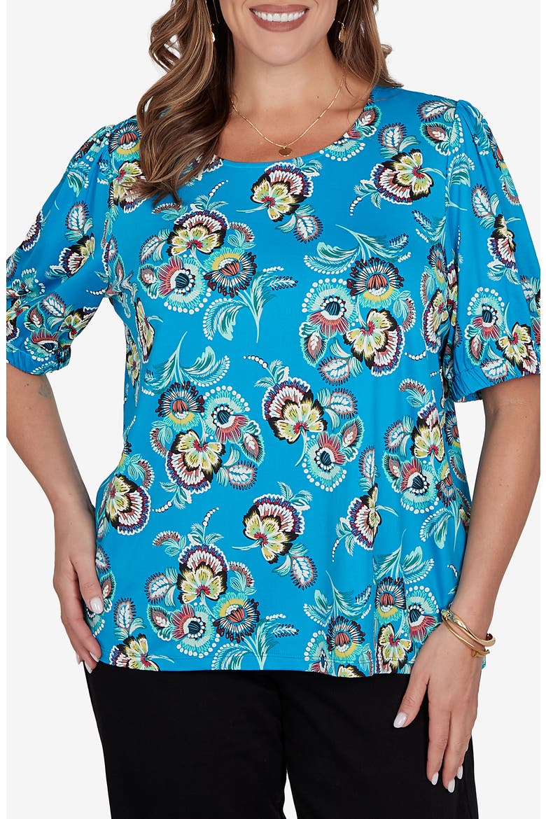 Floral Puff Sleeve Jersey Top, Main, color, AZURE BLUE MULTI