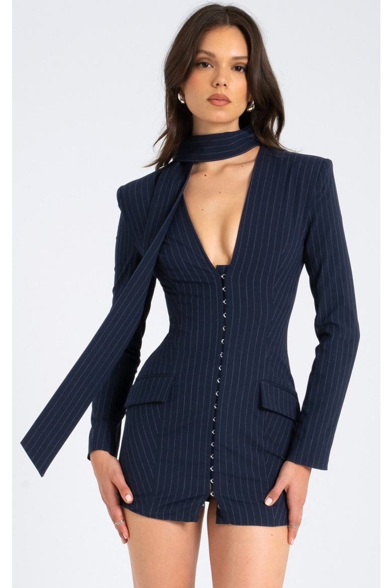 Tahlia Deep V Mini Blazer Dress with Scarf, Main, color, Navy blue