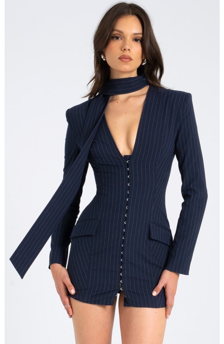 Miss Circle Tahlia Deep V Mini Blazer Dress with Scarf, Main, color, Navy Blue