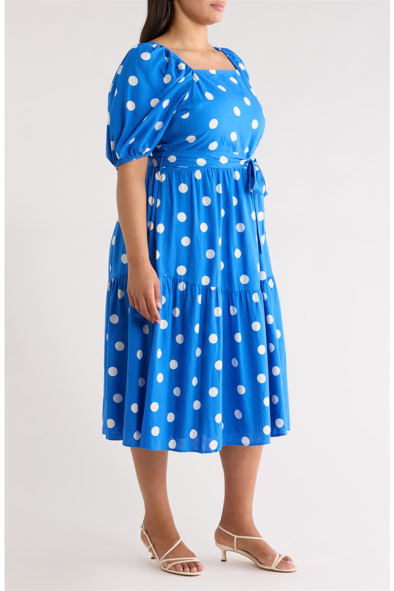 Puff Sleeve Linen Blend Midi Dress, Alternate, color, BLUE PALACE- IVORY TULLA DOT