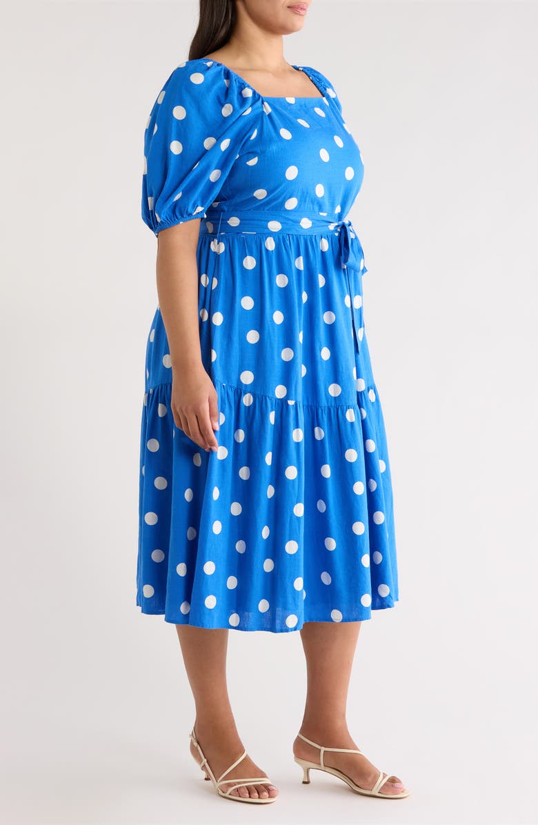 Caslon<sup>®</sup> Puff Sleeve Linen Blend Midi Dress, Alternate, color, Blue Palace- Ivory Tulla Dot