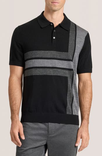 Ted Baker Intarsia Merino Wool Blend Sweater Polo In Black