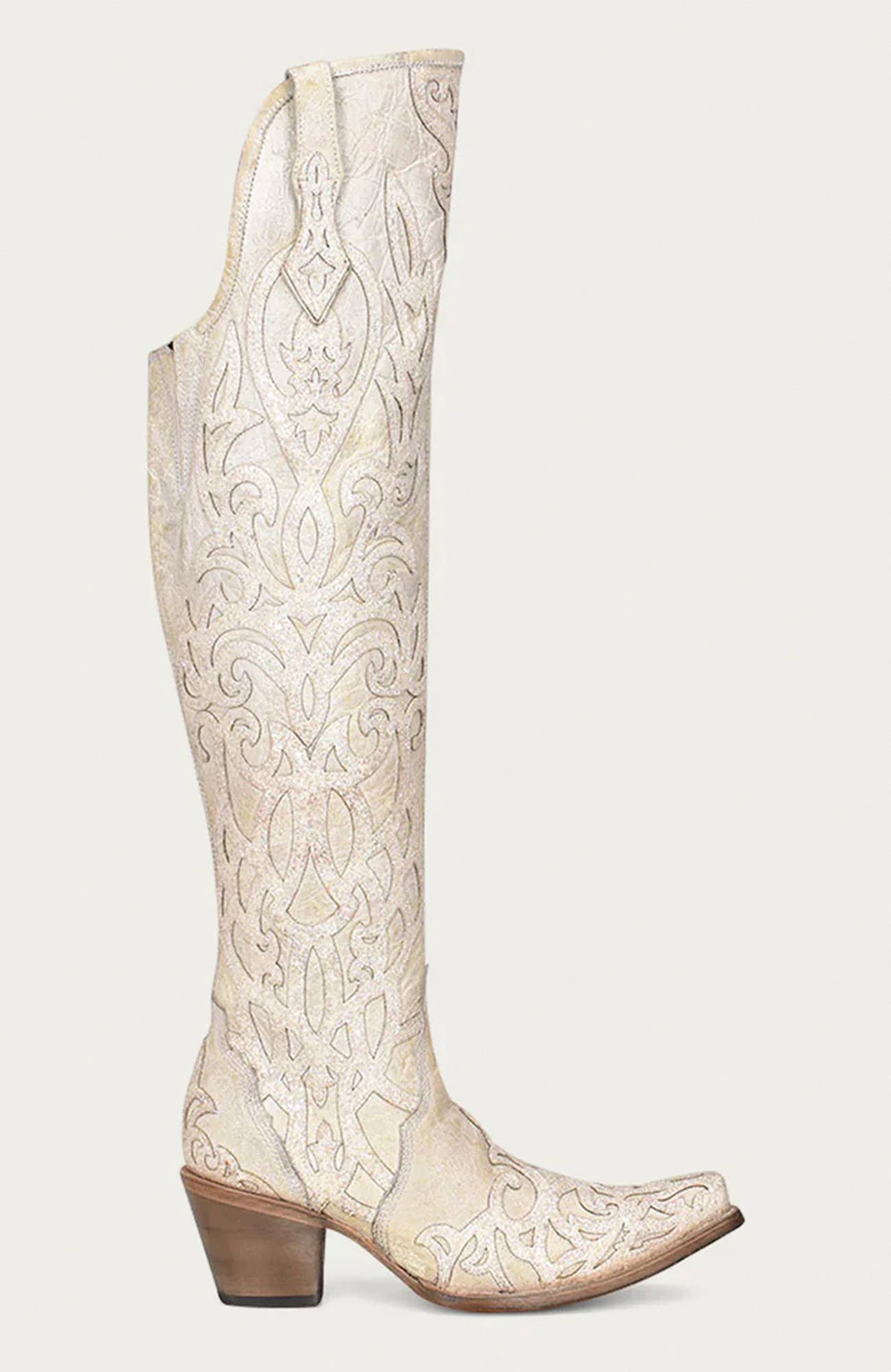 Cowhide Embroidered Overlay Glitter Snip Toe Tall Boots, Alternate, color, Beige