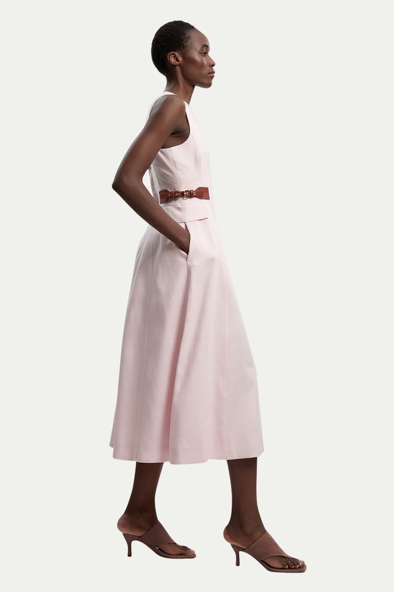 Fitted Belt Crew Neck Midi Dress, Alternate, color, Blush