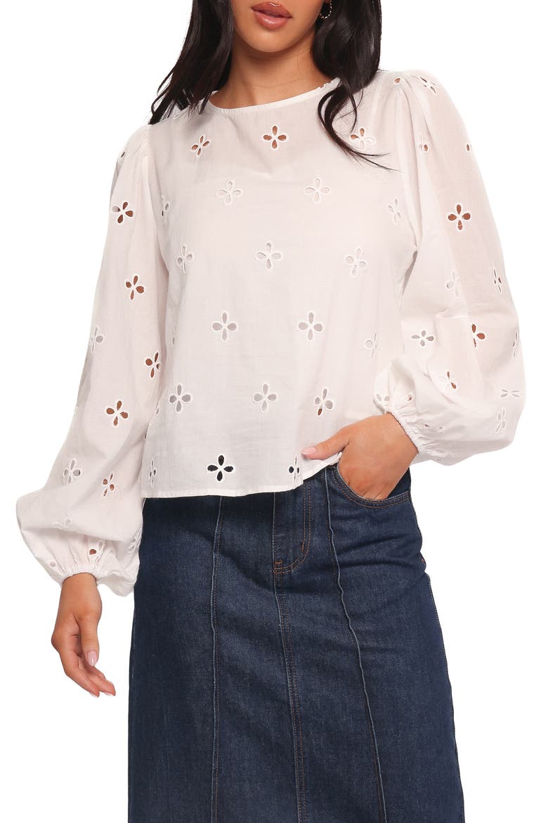 Aggie Embroidered Eyelet Balloon Sleeve Top, Main, color, WHITE