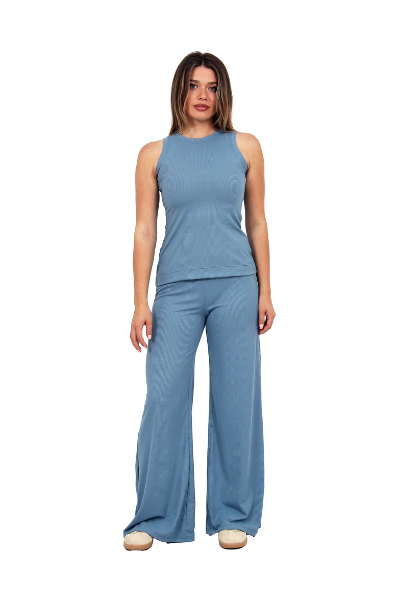 Womens Basic Ribbed Knit Tank Top and Elastic Waist Wide Leg Pant Set, Main, color, Denim