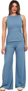 24seven Comfort Apparel Womens Basic Ribbed Knit Tank Top and Elastic Waist Wide Leg Pant Set