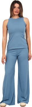 24seven Comfort Apparel Womens Basic Ribbed Knit Tank Top and Elastic Waist Wide Leg Pant Set