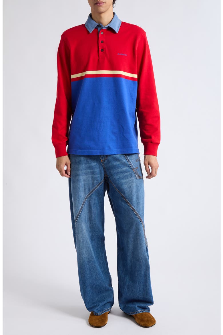 Contrast Collar Colorblock Long Sleeve Polo, Alternate, color, RED/ BLUE