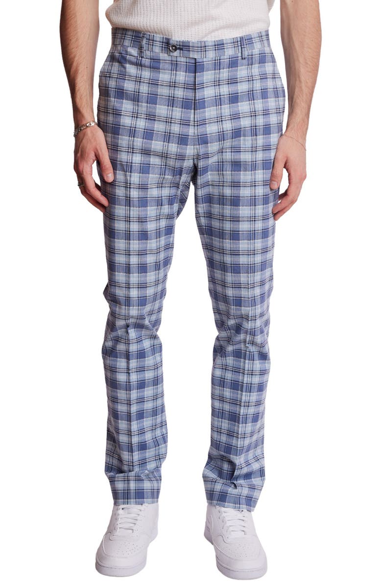 PAISLEY & GRAY Downing Slim Flat Front Plaid Stretch Cotton Dress Pants, Main, color, Blue Madras Check