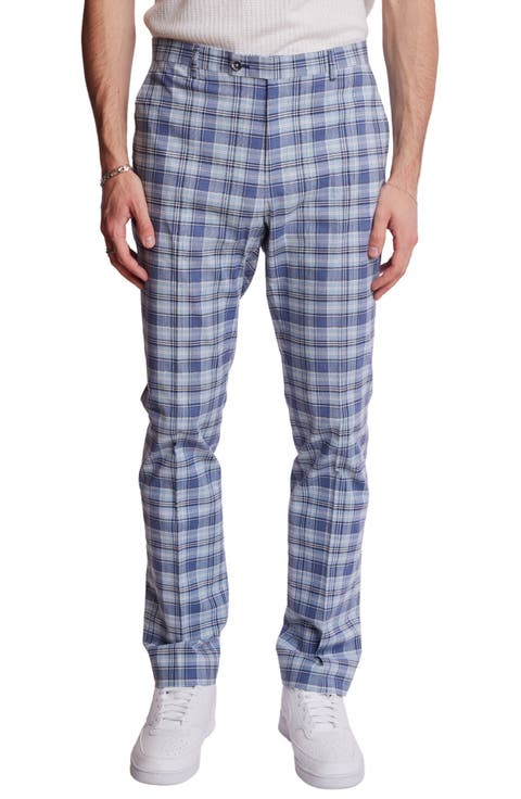 Downing Slim Flat Front Plaid Stretch Cotton Dress Pants (Regular & Big)