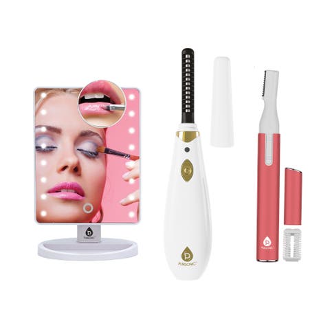 Facial Trimmer & Eyebrow Kit, Heated Eyelash Curler & Dimmable LED Vanity Mirror