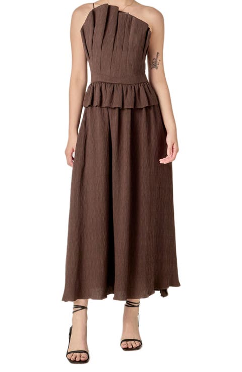 Pleated Ruffle Strapless Maxi Dress