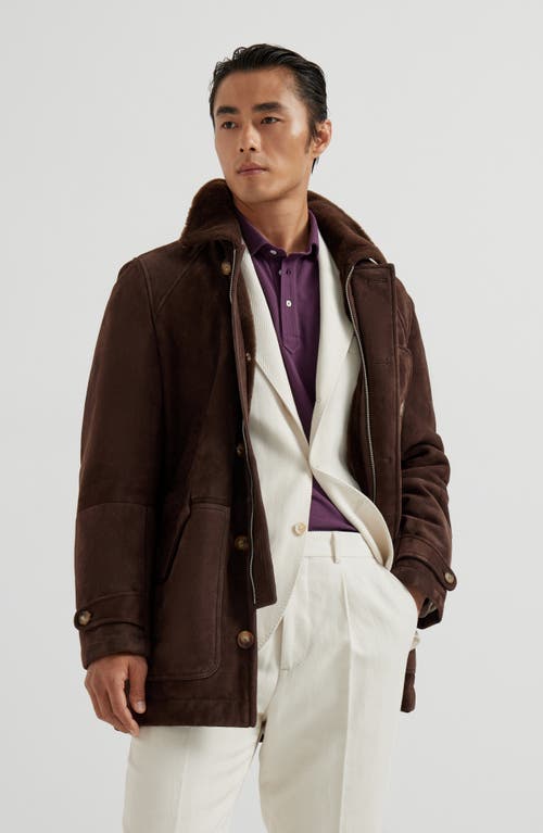 Brunello Cucinelli Men Tone-on-tone Suede Shearling Coat In Brown