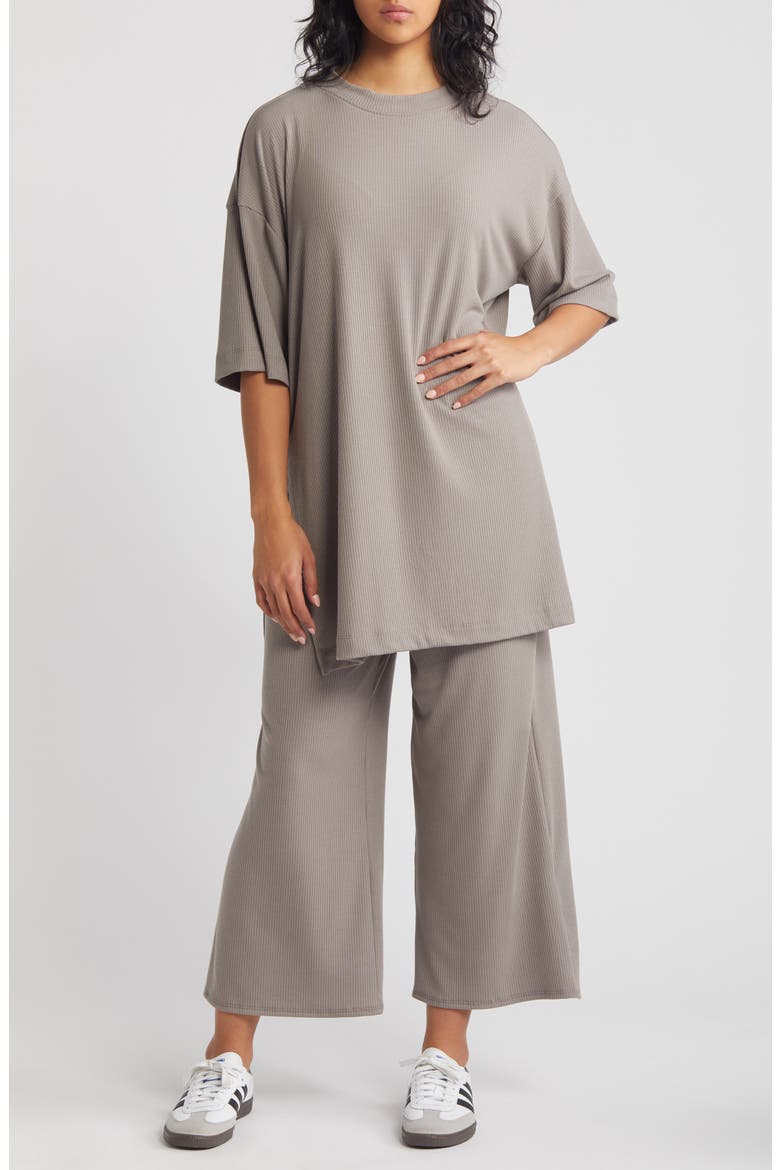 Lex Rib Oversize T-Shirt & High Waist Crop Pants, Main, color, STEEL GREY