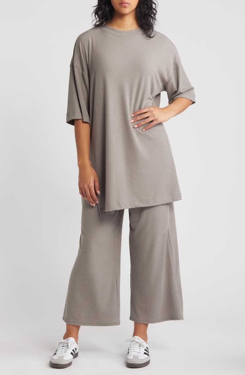 Dressed in Lala Lex Rib Oversize T-Shirt & High Waist Crop Pants, Main, color, Steel Grey