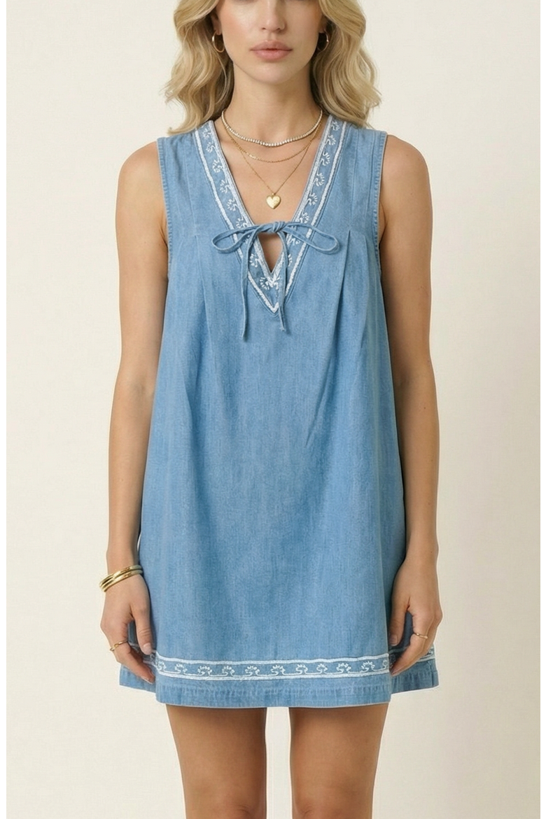 Sleeveless Mini Dress with Embroidered Trim and Tie Front Detail, Main, color, Blue