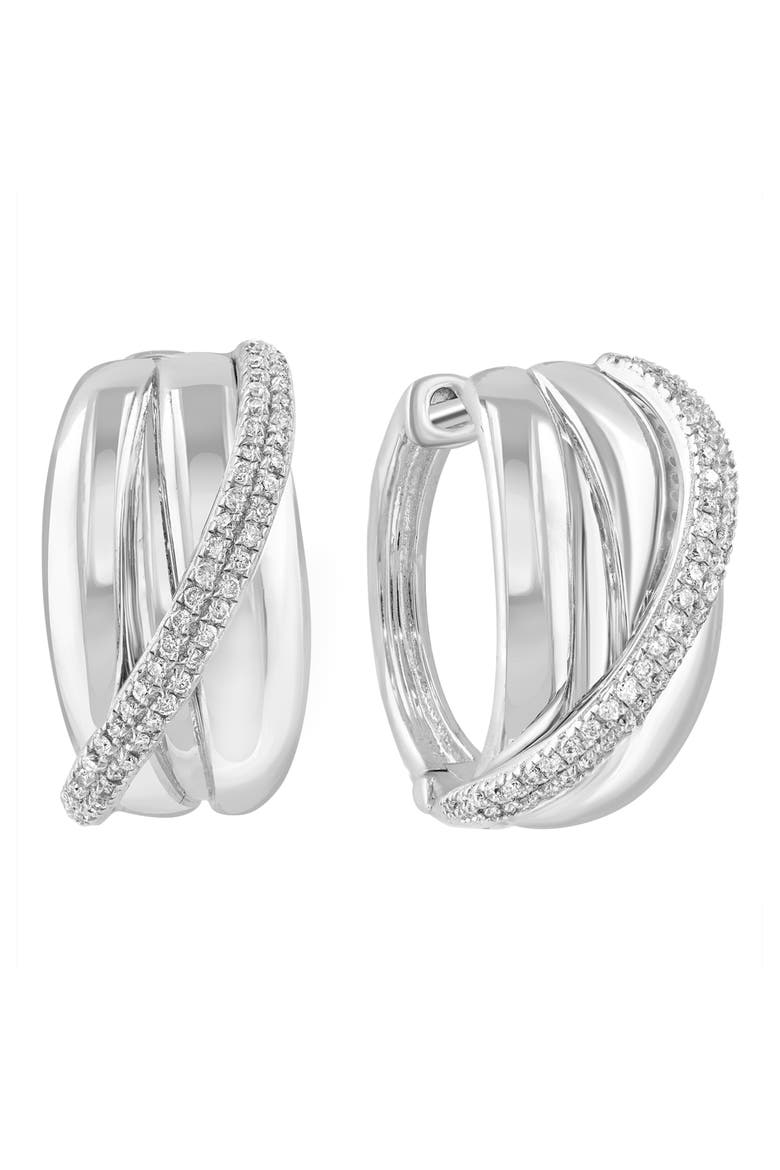 Sterling Silver Pavé Diamond Huggie Hoop Earrings, Main, color, WHITE