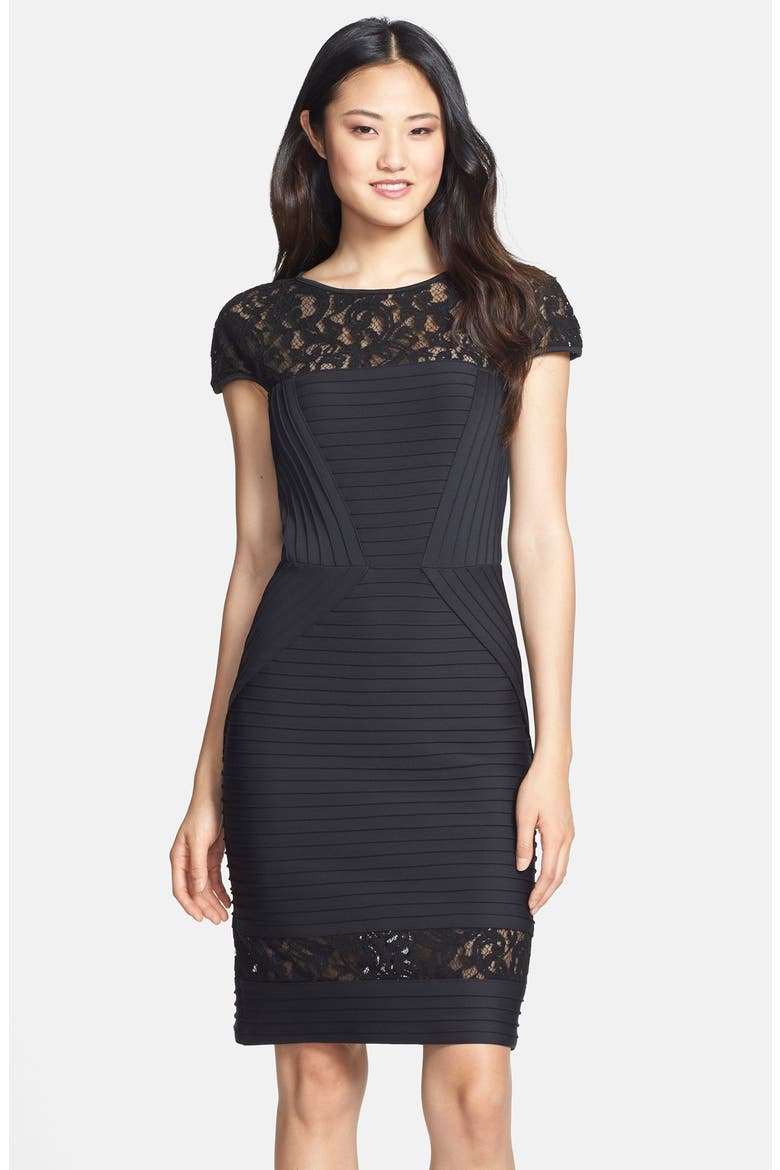 Lace Inset Pintuck Sheath Dress, Main, color, BLACK