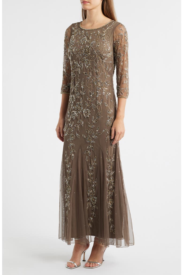 Floral Beaded Tulle Gown, Alternate, color, MOCHA