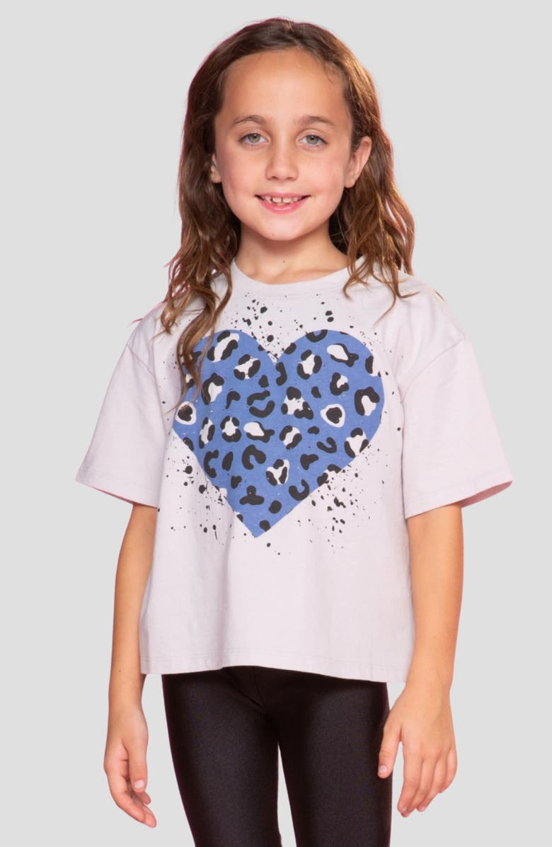 PixieLane Kids' Washed Drop Shoulder Cheetah Heart Graphic T-Shirt, Alternate, color, Cream Denim Leopard Heart