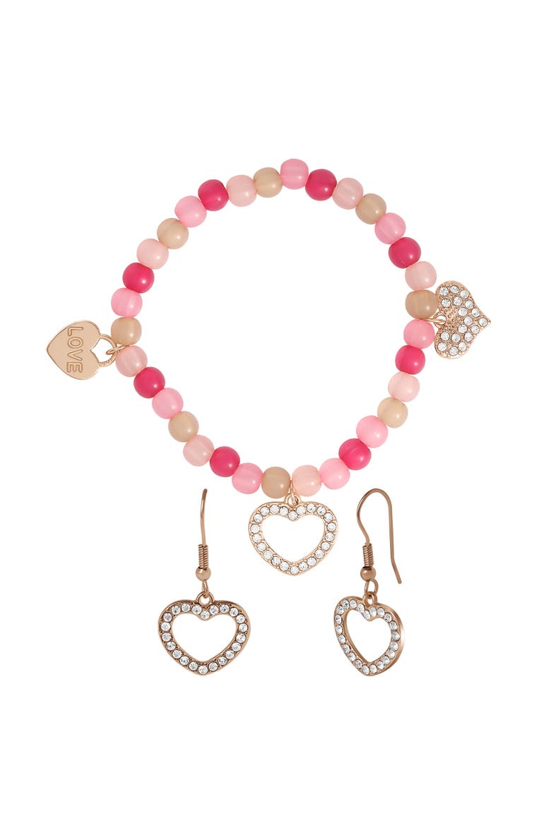 Kids Pink Heart Charm Bracelet & Earrings Set, Alternate, color, pink, silver, gold