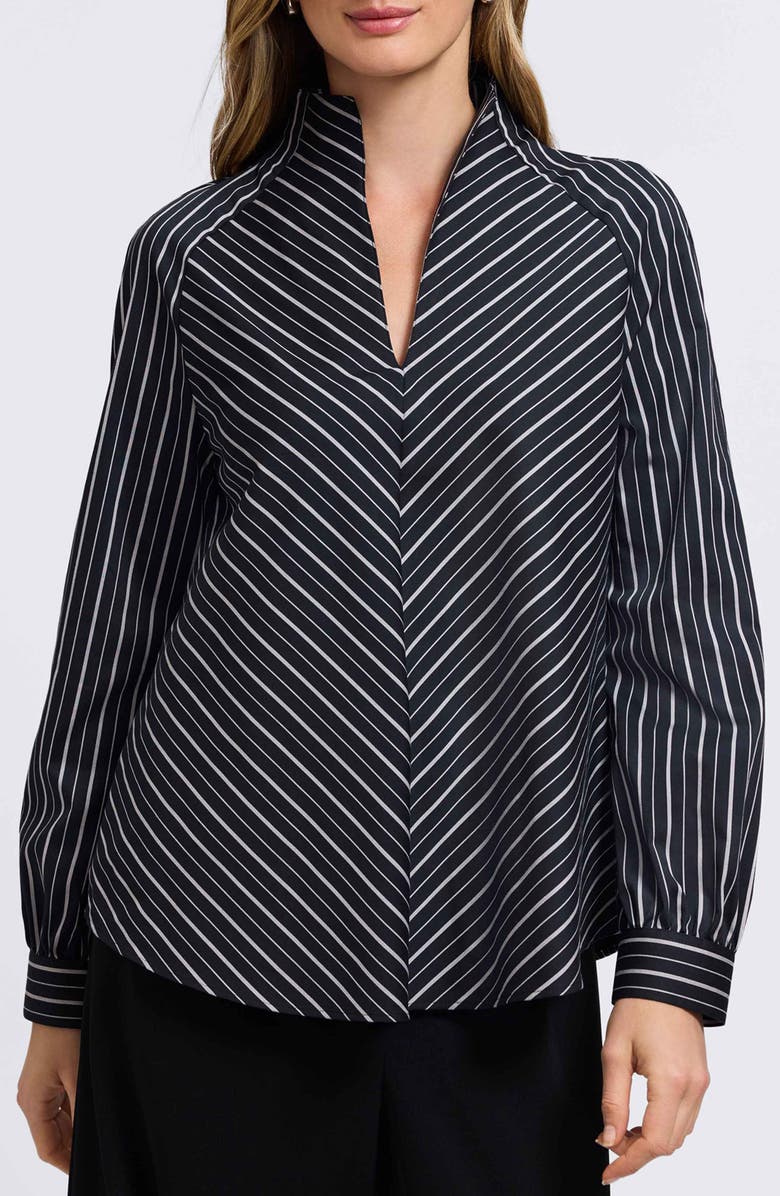 Foxcroft Daphne Stripe Stretch Cotton Blend Pullover Shirt, Main, color, Black/ White
