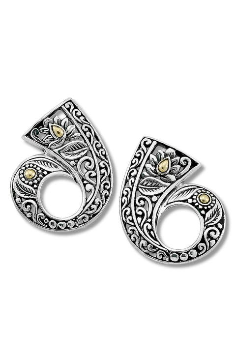 18K Gold & Sterling Silver Balinese Design J Hoop Earrings