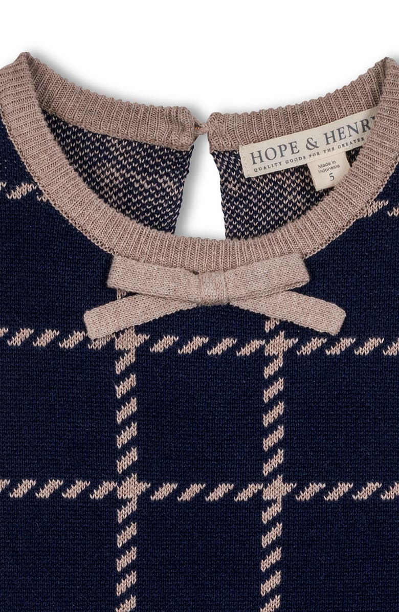 Hope & Henry Kids' Organic Puff Sleeve Bow Detail Intarsia Sweater Dress, Alternate, color, Navy And Taupe Windowpane