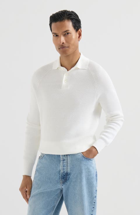 Cotton English rib knit polo with long raglan sleeves